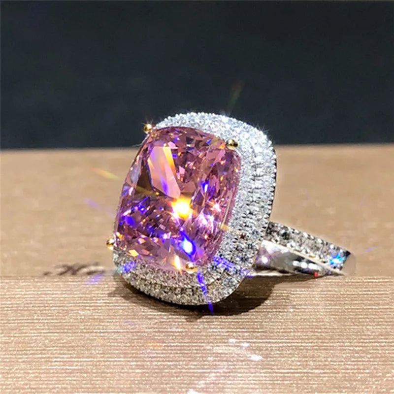 Oveep Romantic Big Pink Cubic Zirconia Wedding Ring for Women