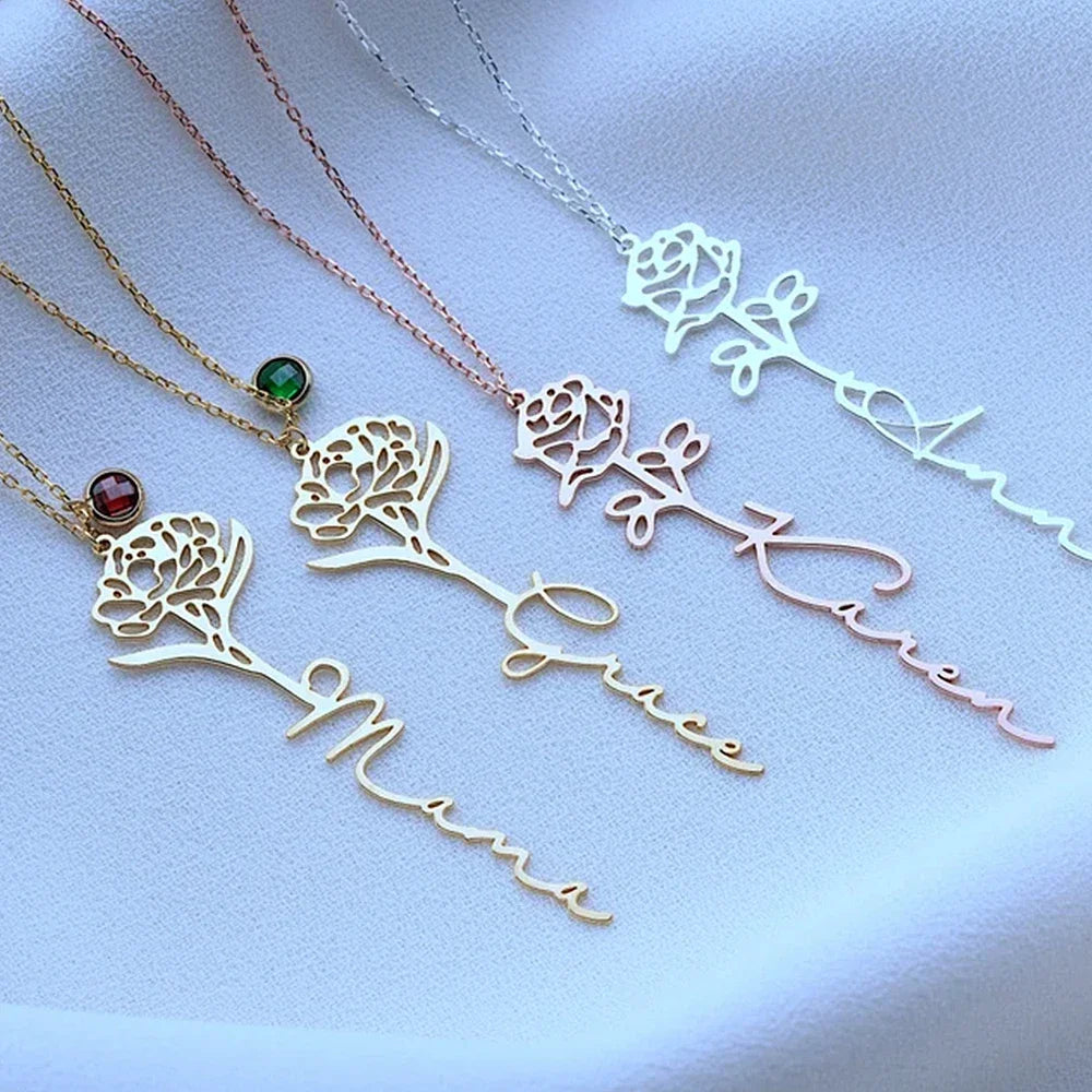 Personalized name flower birthstone necklace