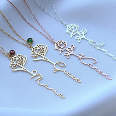  Personalized name flower birthstone necklace