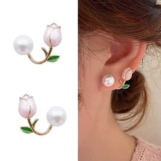 Oveep Fresh Rose Stud Earrings with Imitation Pearl for Women